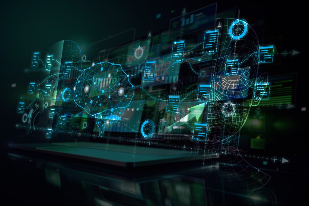 business analytics icons shown on a HUD screen, representing the integration of advanced technology in analyzing graphs, business data, and market trends, driving strategic decisions and innovative solutions