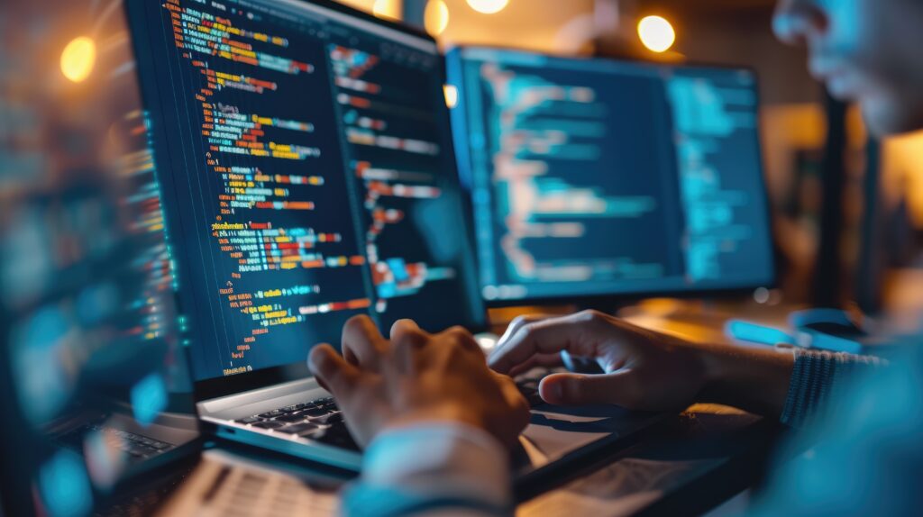 Man coding on a computer with a second screen in the background